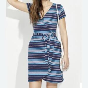 PACT Wrap Dress M Blue Stripes Short Sleeves Pockets Sustainable Organic Cotton